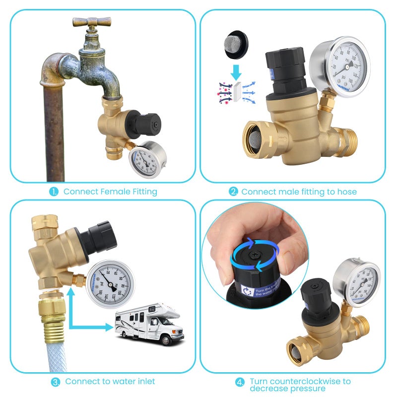 MEASUREMAN Handle Adjustable RV Water Pressure Regulator, 3/4â€™â€™ Thread & Lead-Free Brass, Pressure Gauge 1/4â€™â€™ NPT & 160psi, Inlet Screened Filter For Camper, Trailer, RV, Garden, Plumbing System - Image 3